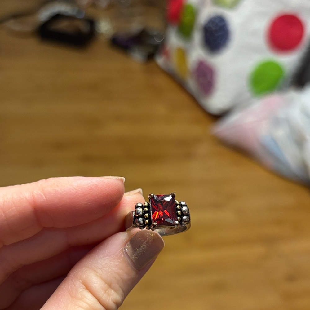 Silver Tone Ring with Red Gemstone Size 7